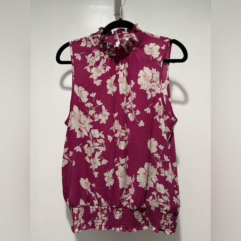 Sienna Sky Fuchsia Floral Ruffled Mock Neck Sleeveless Camisole Large